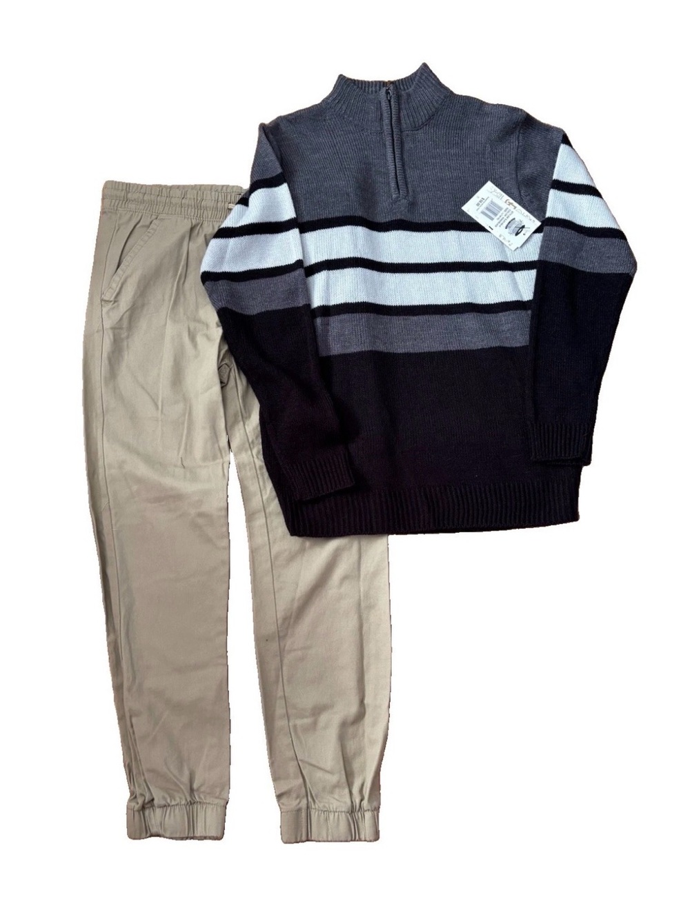 Retro Stitch Boys 1/4 Zip Sweater & Twill Joggers Set- Black & Gray - L (14/16)
